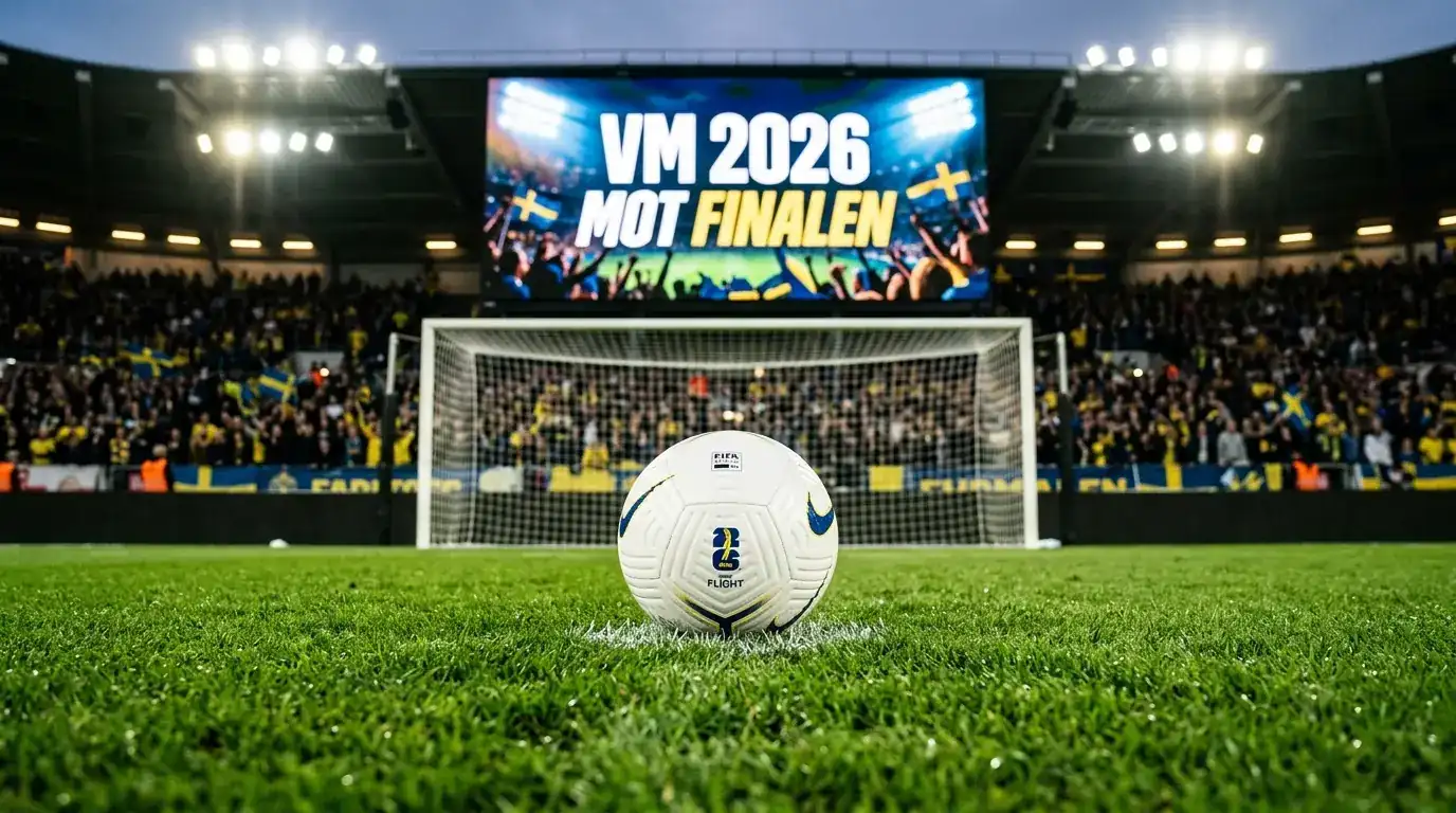 Närbild på en fotboll på straffpunkten framför ett tomt mål på en grön VM-plan 2026