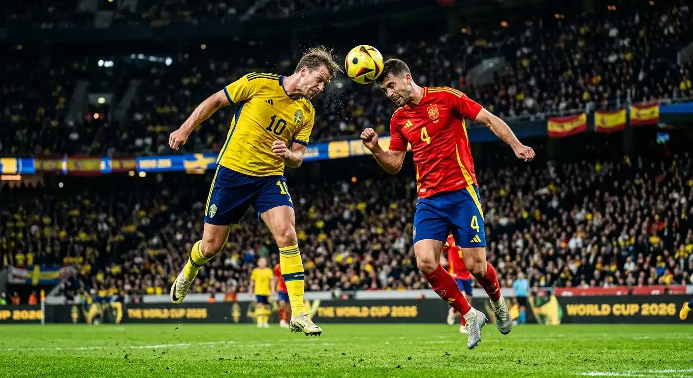 Två landslagsspelare i gult respektive rött möts i en luftduell under en VM-match 2026 på en fullsatt arena