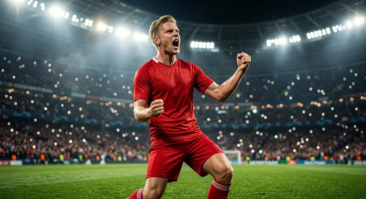 Erling Haaland-liknande anfallare i röd landslagströja jublar med knuten näve efter ett mål i en VM-match 2026