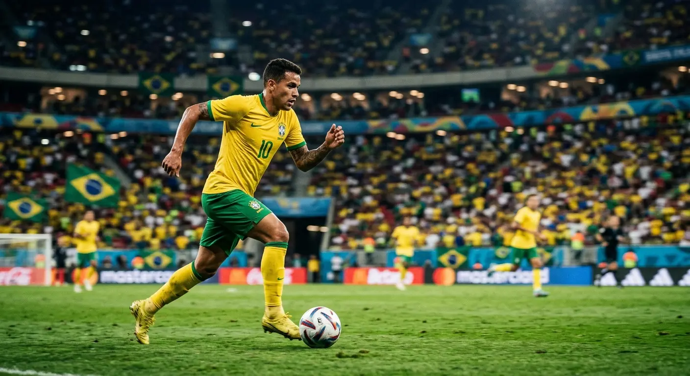 Fotbollsspelare i gul landslagströja i full fart med bollen under en VM-match 2026 på en storslagen arena