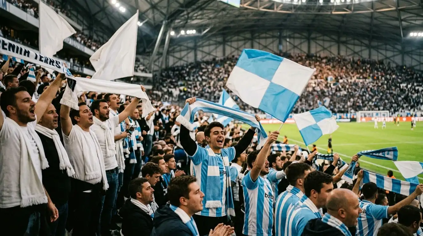Supportrar med vita och ljusblå-vita flaggor och halsdukar sida vid sida på läktaren under en VM-semifinalkväll på en inomhusarena