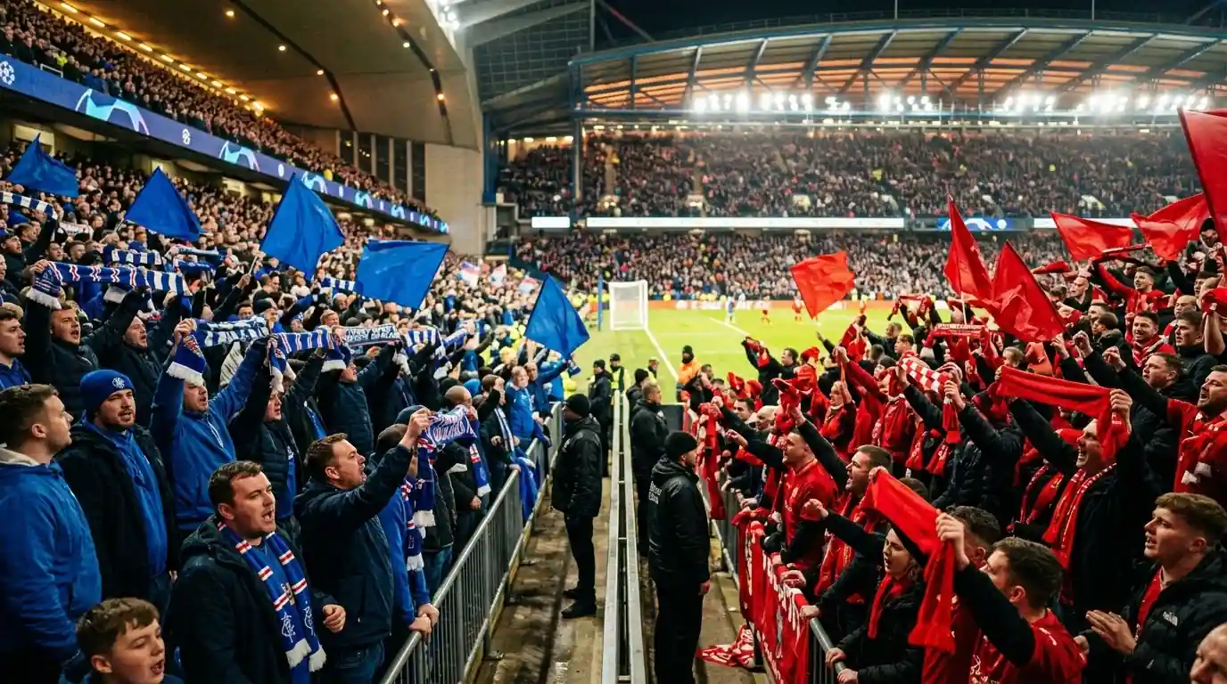 Supportrar med halsdukar och flaggor i blått respektive rött sida vid sida på läktaren under en VM-kväll på en inomhusarena