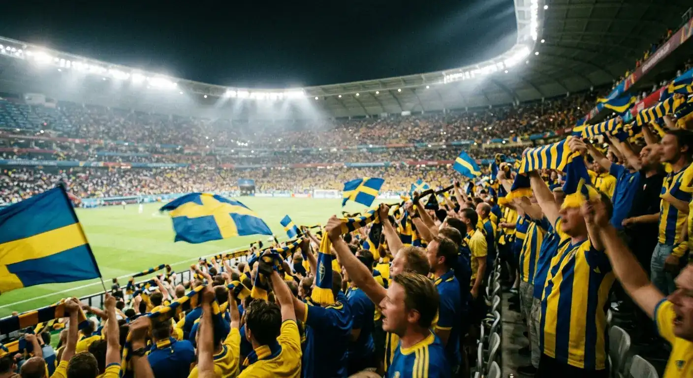 Fans i gult och blått hejar på sitt landslag på en VM-arena
