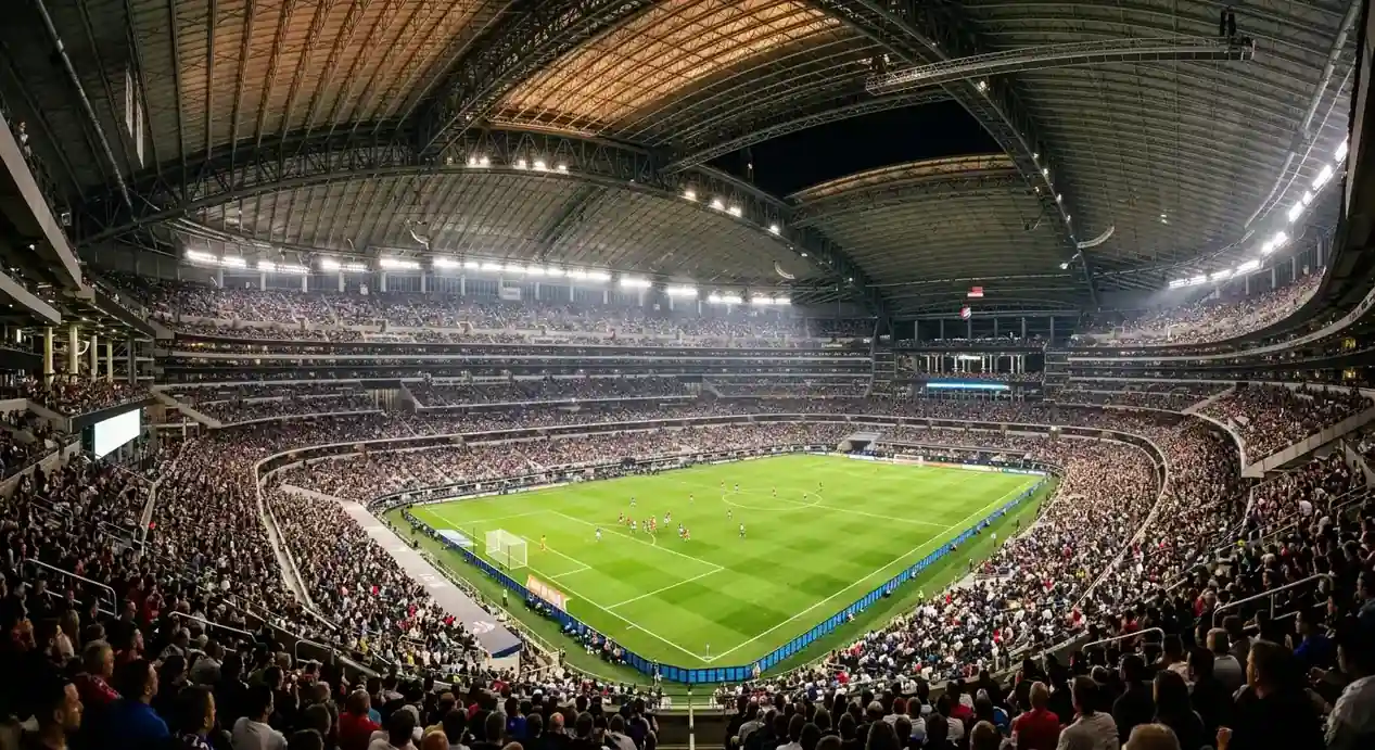 Stort VM-stadion med stängbart tak sett inifrån under en kvällsmatch