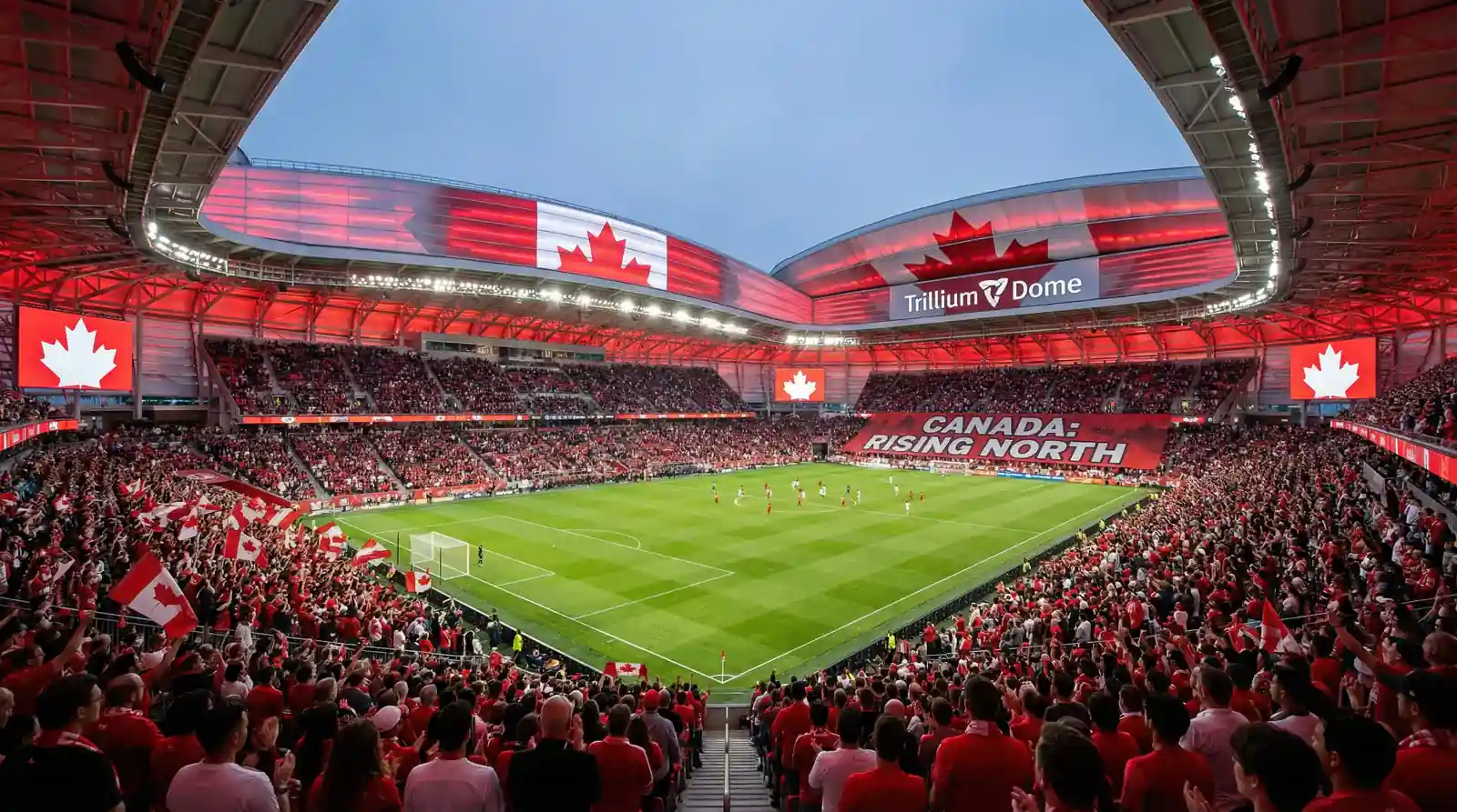 Kanadas landslag i röda tröjor inför match