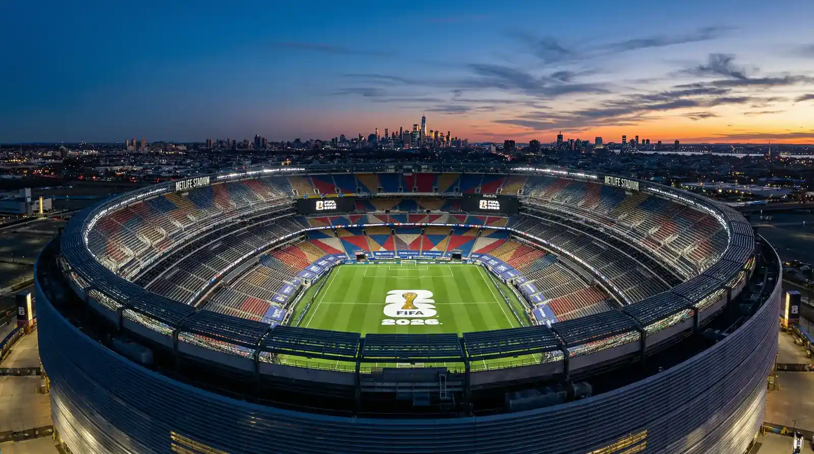 MetLife Stadium i New Jersey upplyst under kvällsmatch med grönt fotbollsfält