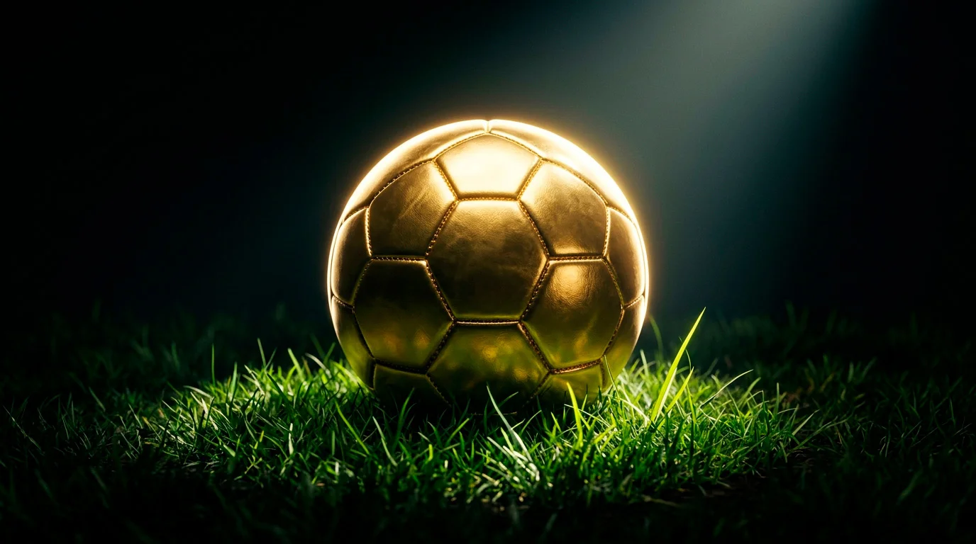 En gyllene fotboll i strålkastarsken symboliserar kampen om skyttekungstiteln i VM 2026