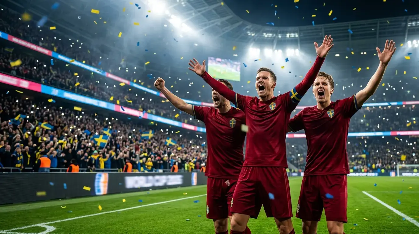 Jublande fotbollsspelare i mörkröda landslagströjor firar ett sent avgörande mål på en upplyst VM-arena 2026