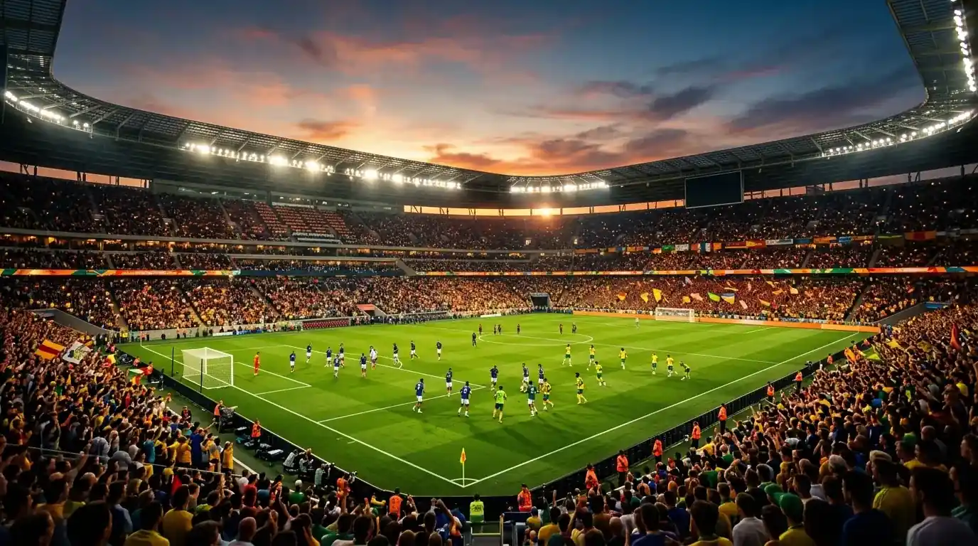 Kväll på en fotbollsstadion under VM 2026 med spelklara lag på planen och fullsatta läktare i skymningsljus