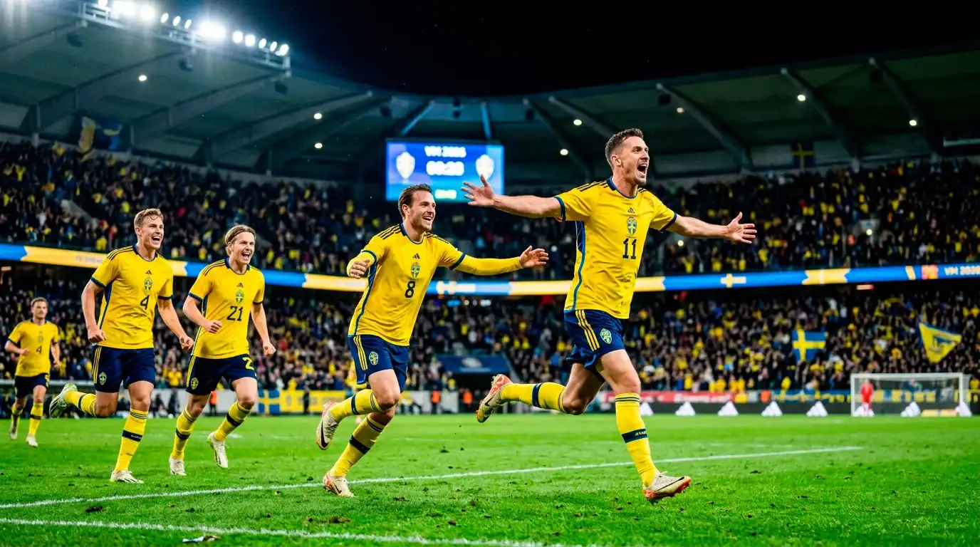 Svenska landslaget firar Anthony Elangas kvitteringsmål mot Japan i VM 2026