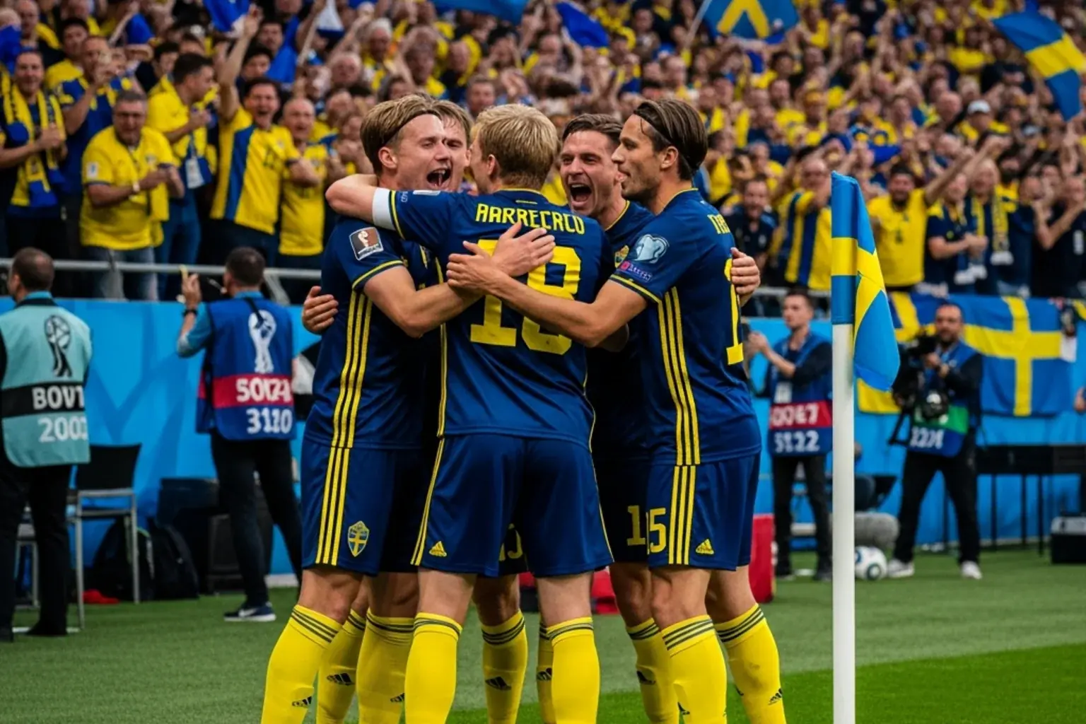 Svenska landslagsspelare i blågula tröjor firar ett mål