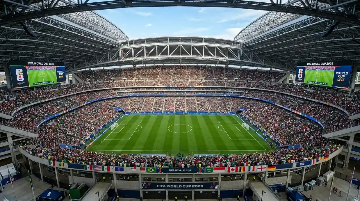 Fullsatt fotbollsstadion i USA under VM 2026 med fans som viftar med flaggor