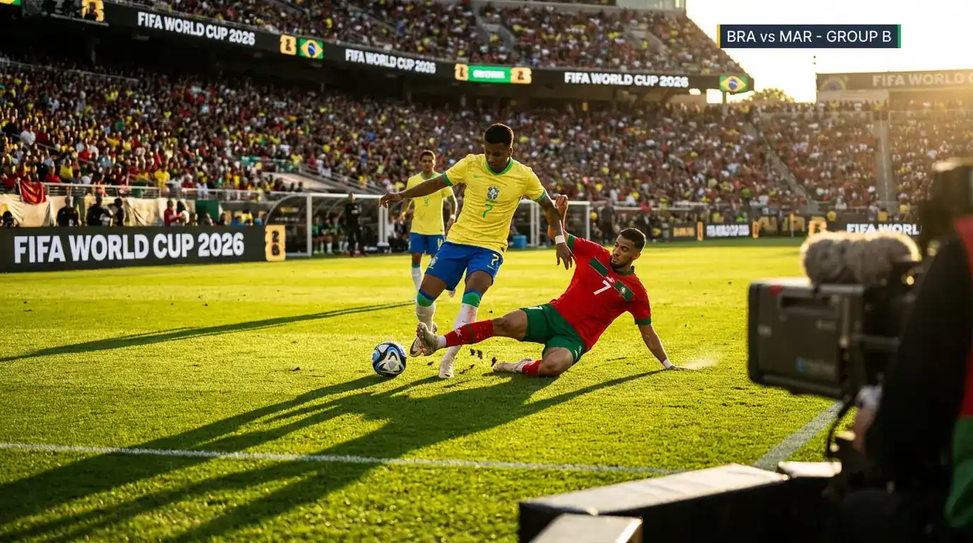Fotbollsspelare från olika nationer i kamp om bollen under en VM-match